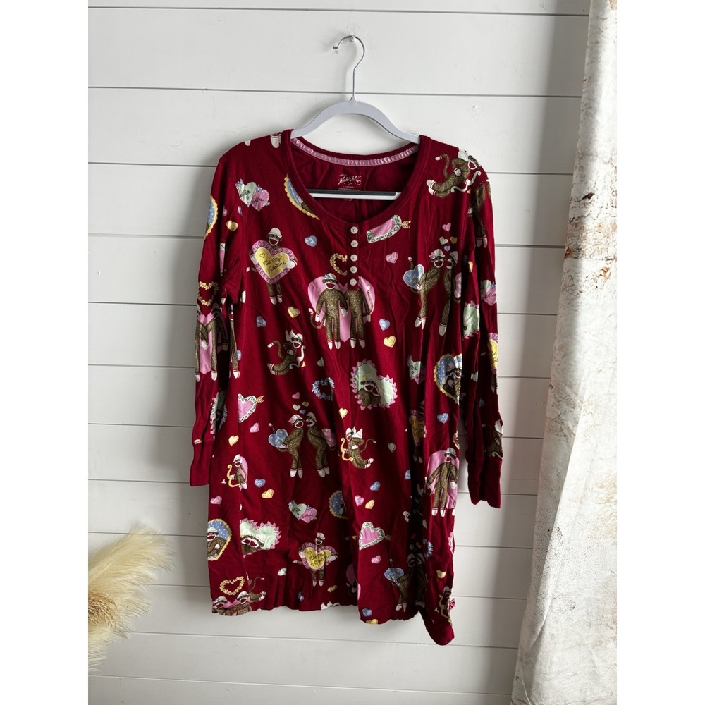 Nick And Nora Nightgown Shirt Valentines Day Sock Monkeys XL Red Long Sleeve‎
